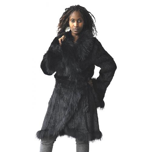 Winter Fur Ladies Black Genuine Knitted Mink 3/4 Coat With Raccoon Trimmings W09KQ01